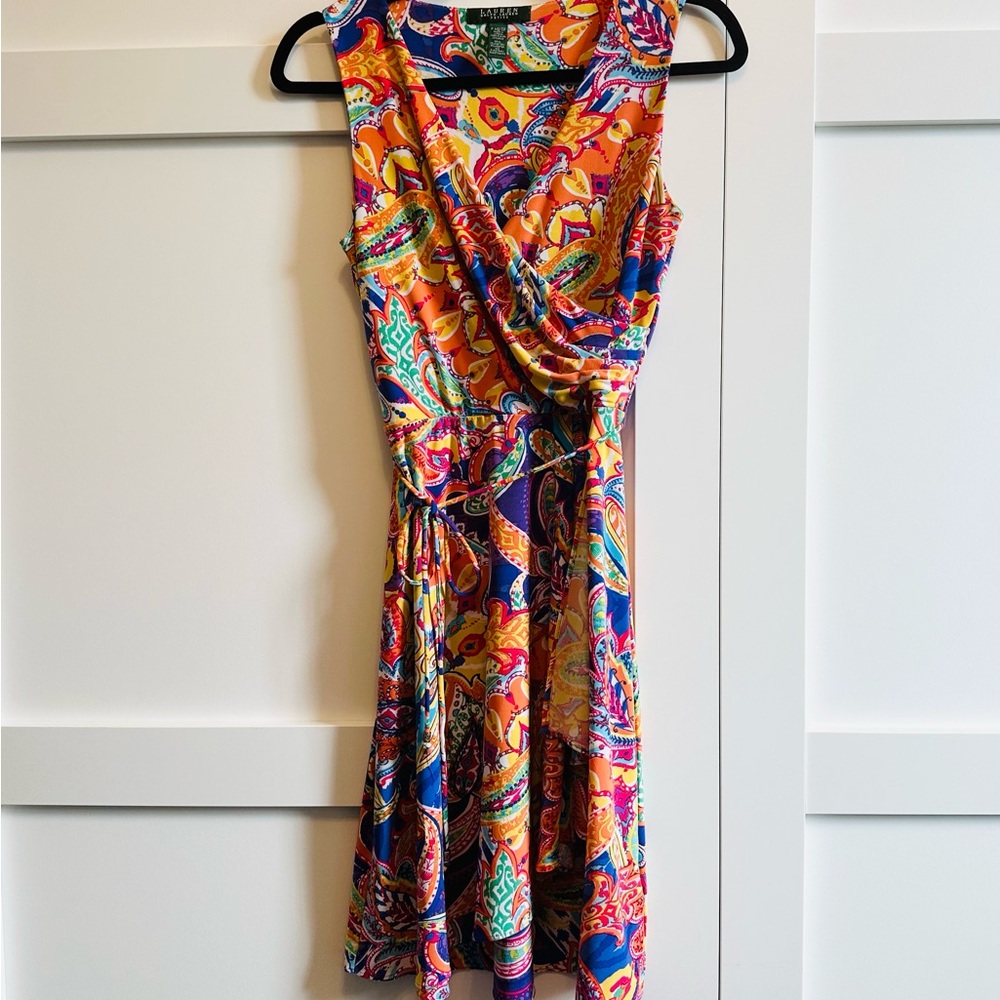 RALPH LAUREN Dress Vibrant Floral Surplice Neckline Draped Tie Belt XS Petite